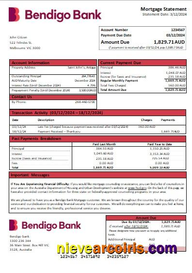 Australia Bendigo bank mortgage statement